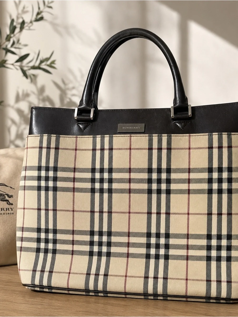 Burberry Nova Check Canvas & Leather Tote Bag | Classic Beige Plaid